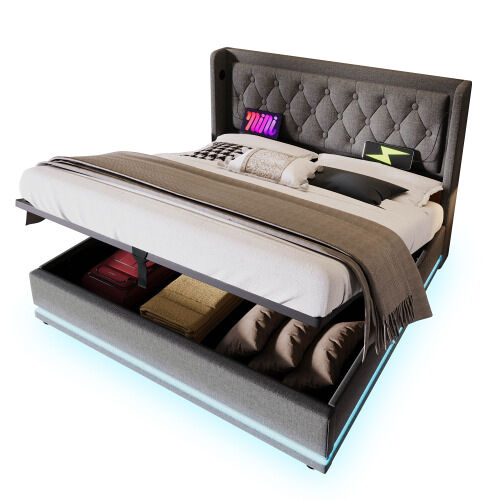 Cama de casal de algodão 180x200cm com armazenamento,luz led,cinzento