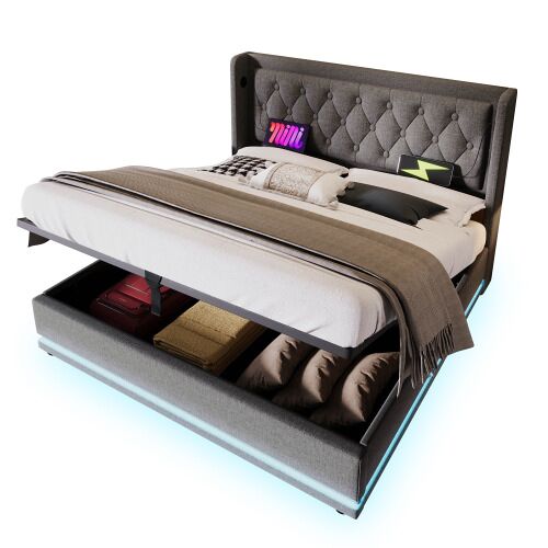 Cama de casal de algodão 180x200cm com armazenamento,luz led,cinzento