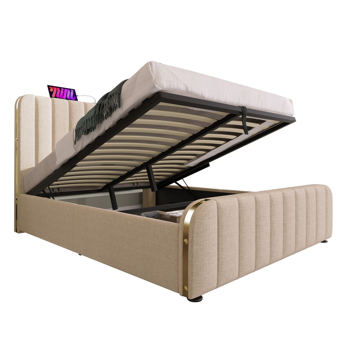 Cama de casal de linho 140x200cm com armazenamento,bege
