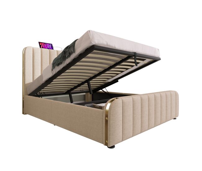 Cama de casal de linho 140x200cm com armazenamento,bege