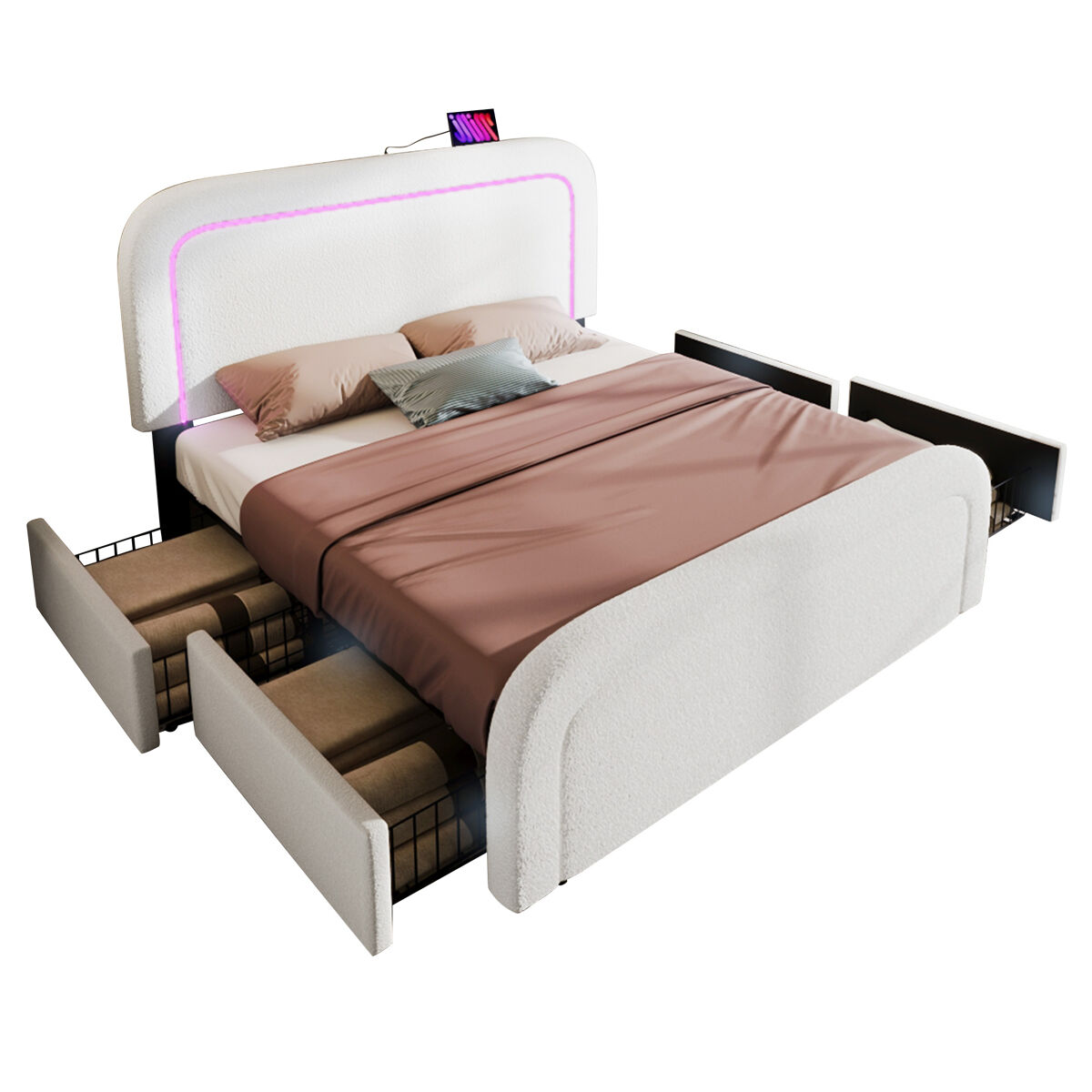 Cama de casal de pele sintética 140x200cm com 4 gavetas,luz led,branco