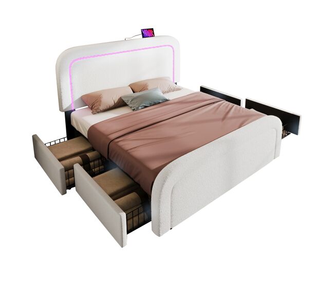 Cama de casal de pele sintética 140x200cm com 4 gavetas,luz led,branco