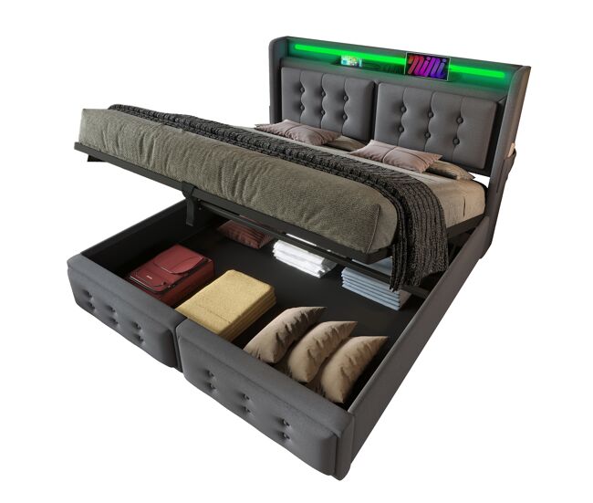 Cama de casal de algodão e linho 140x200cm com armazenamento,luz led,cinzento