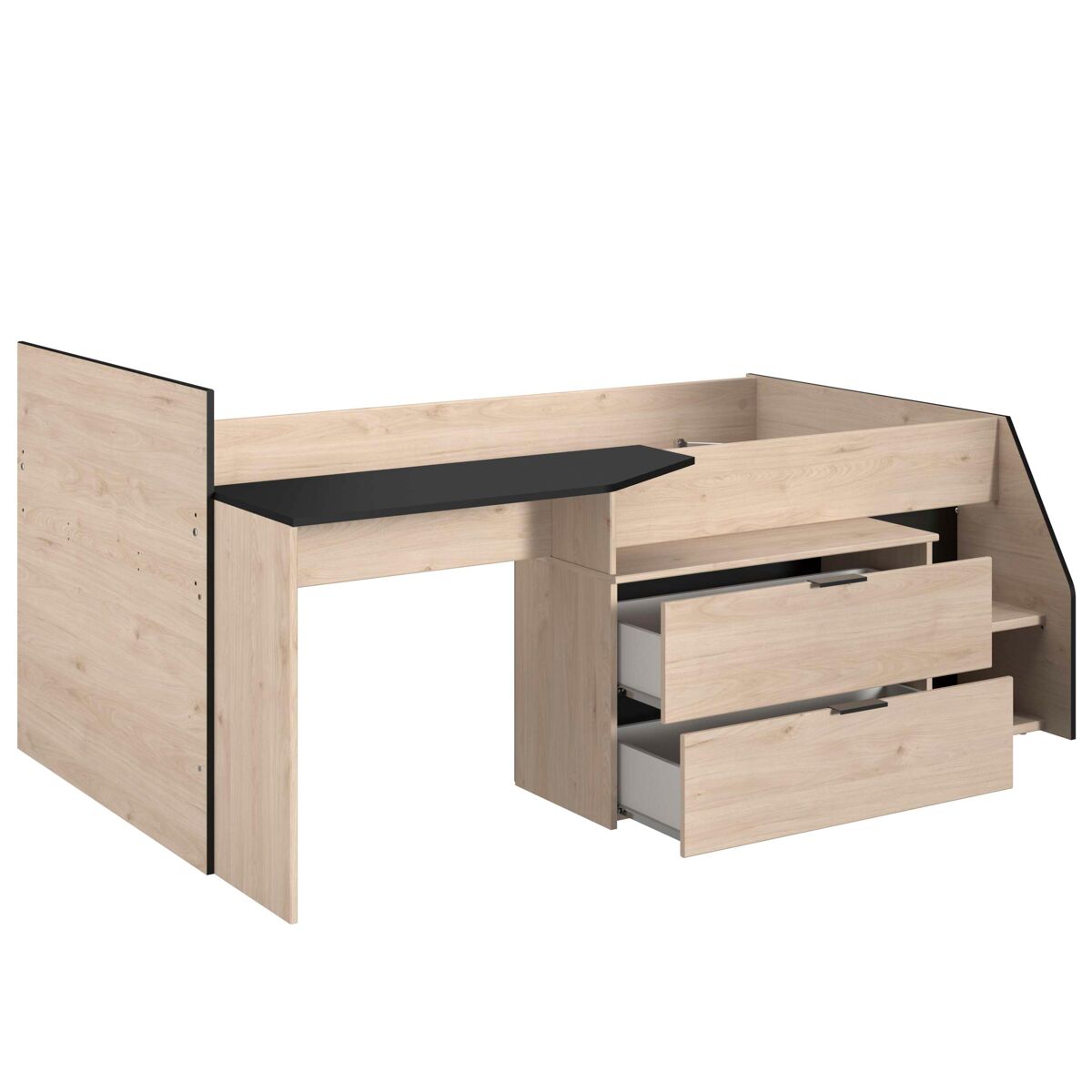 Cama valky com escrivaninha, 2 gavetas, quarto infantil, cor carvalho e preto, móveis de quarto, 90x200/190 cm
