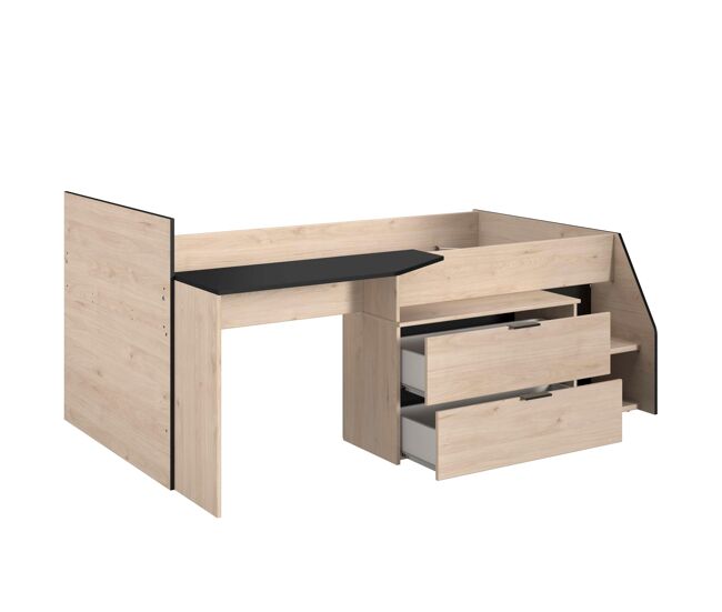 Cama valky com escrivaninha, 2 gavetas, quarto infantil, cor carvalho e preto, móveis de quarto, 90x200/190 cm