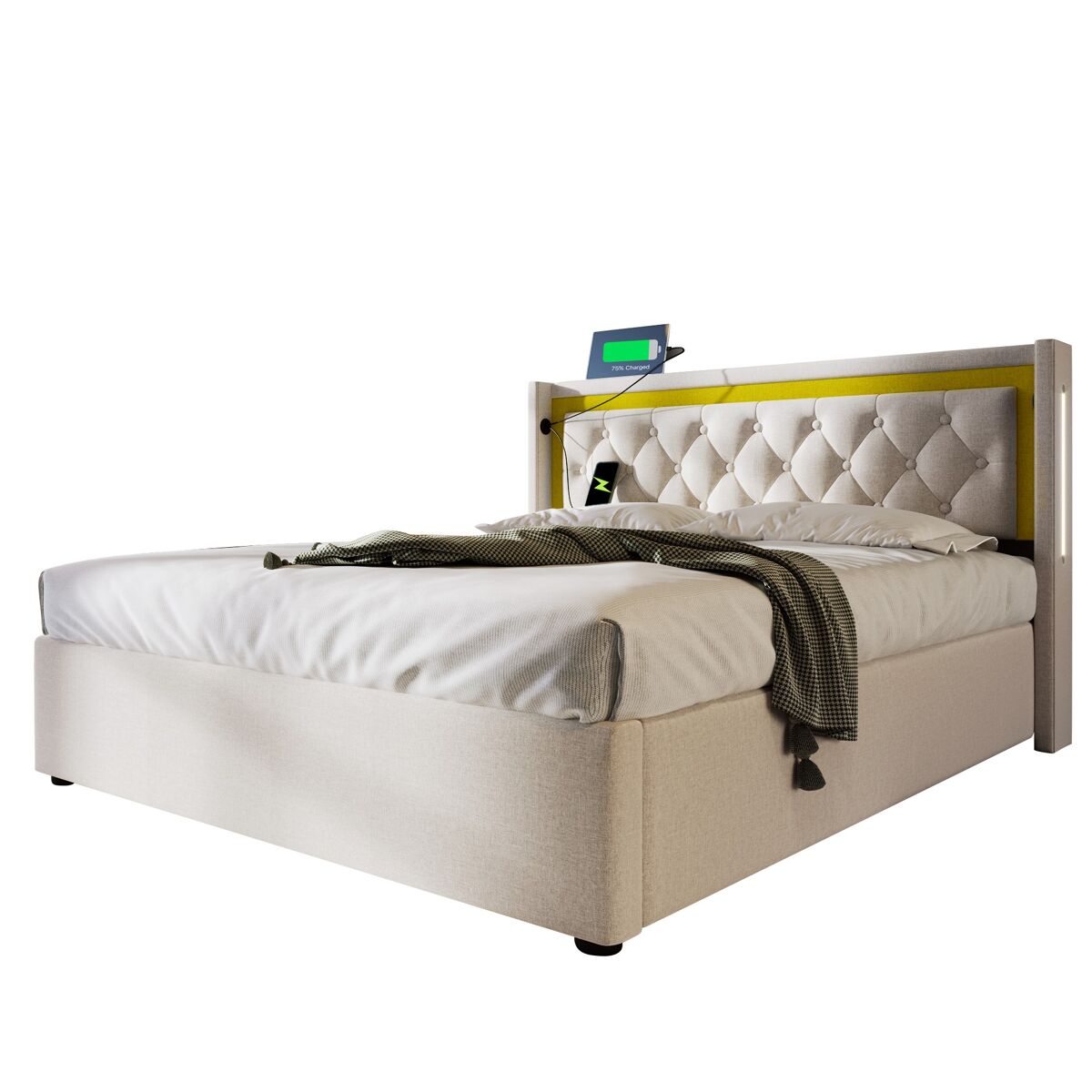 Cama de casal de algodão 140x200cm com armazenamento,luz led,bege