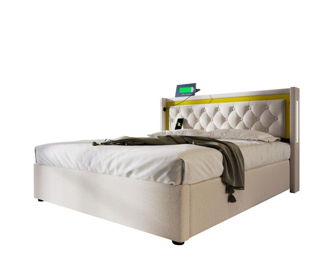 Cama de casal de algodão 140x200cm com armazenamento,luz led,bege