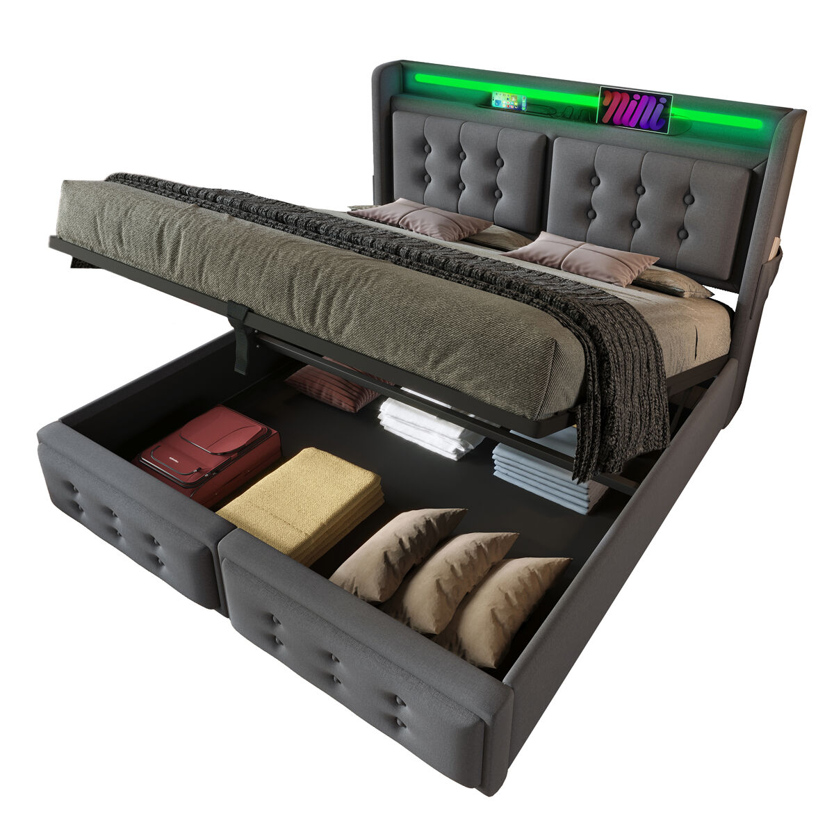 Cama de casal de algodão e linho 160x200cm com armazenamento,luz led,cinzento