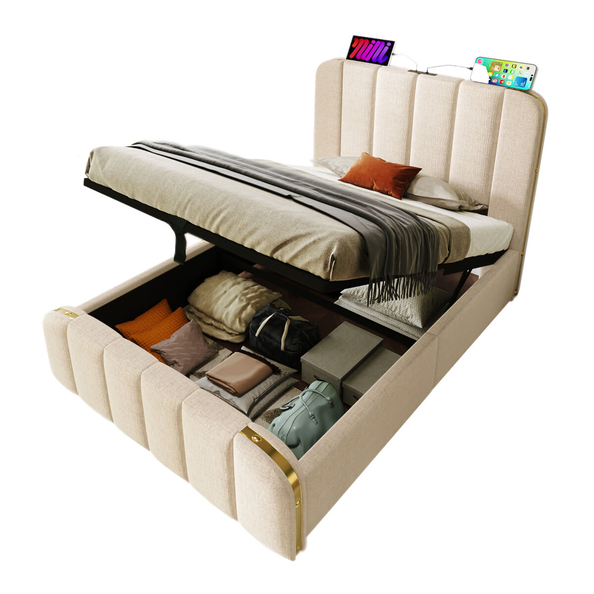 Cama de solteiro de linho 90x200cm com armazenamento,bege