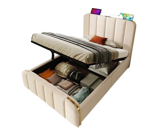 Cama de solteiro de linho 90x200cm com armazenamento,bege