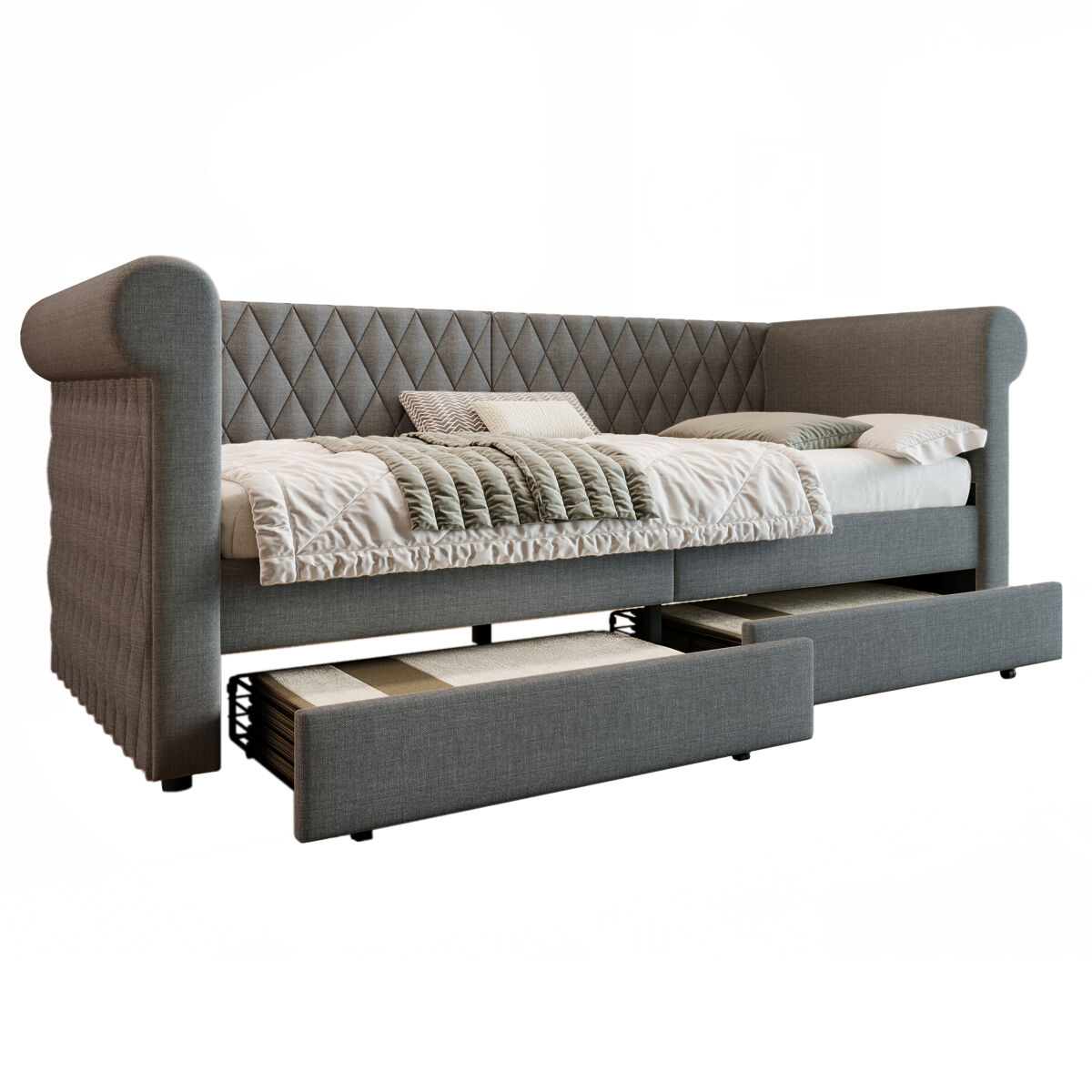 Cama de solteiro de linho 90x200cm com 2 gavetas,cinzento