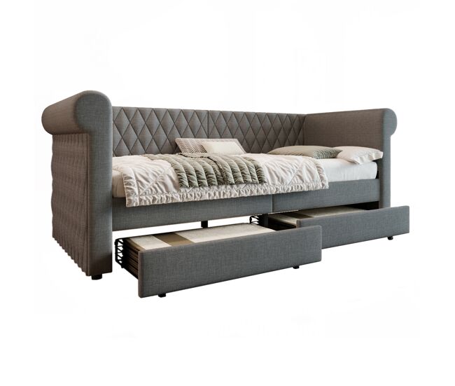 Cama de solteiro de linho 90x200cm com 2 gavetas,cinzento