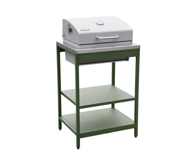 Barbecue a carvão acier inox grade cromada com duas étagères, naxos, verde, 60x58.5x138 cm