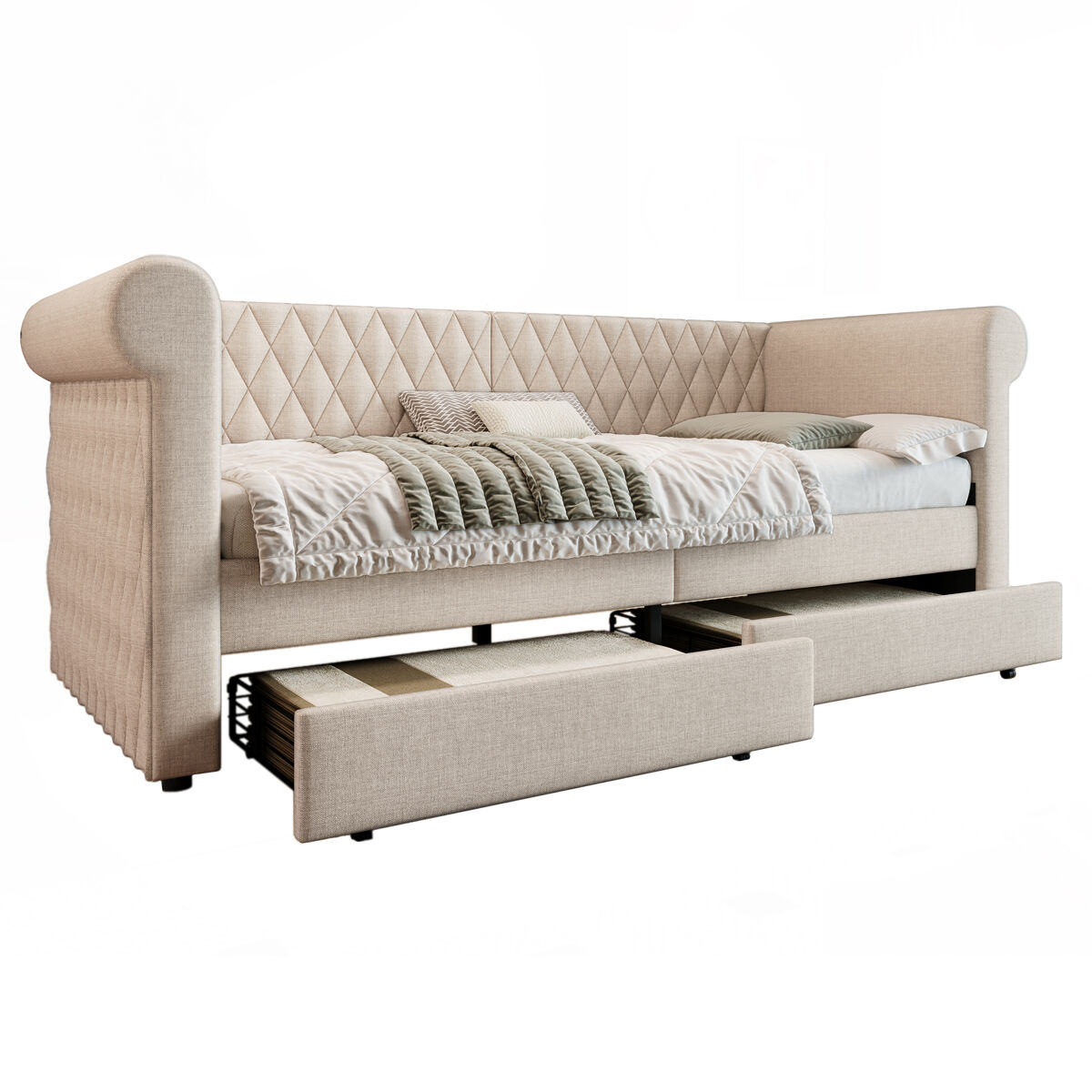 Cama de solteiro de linho 90x200cm com 2 gavetas,bege