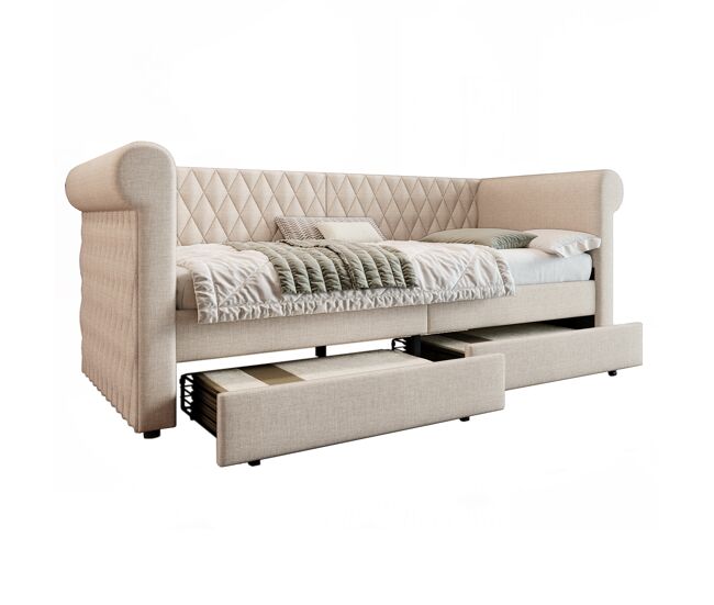 Cama de solteiro de linho 90x200cm com 2 gavetas,bege