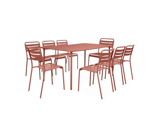 Mesa de jardim com 8 cadeiras de metal, amelia, terracota, 160x90x72.5 cm