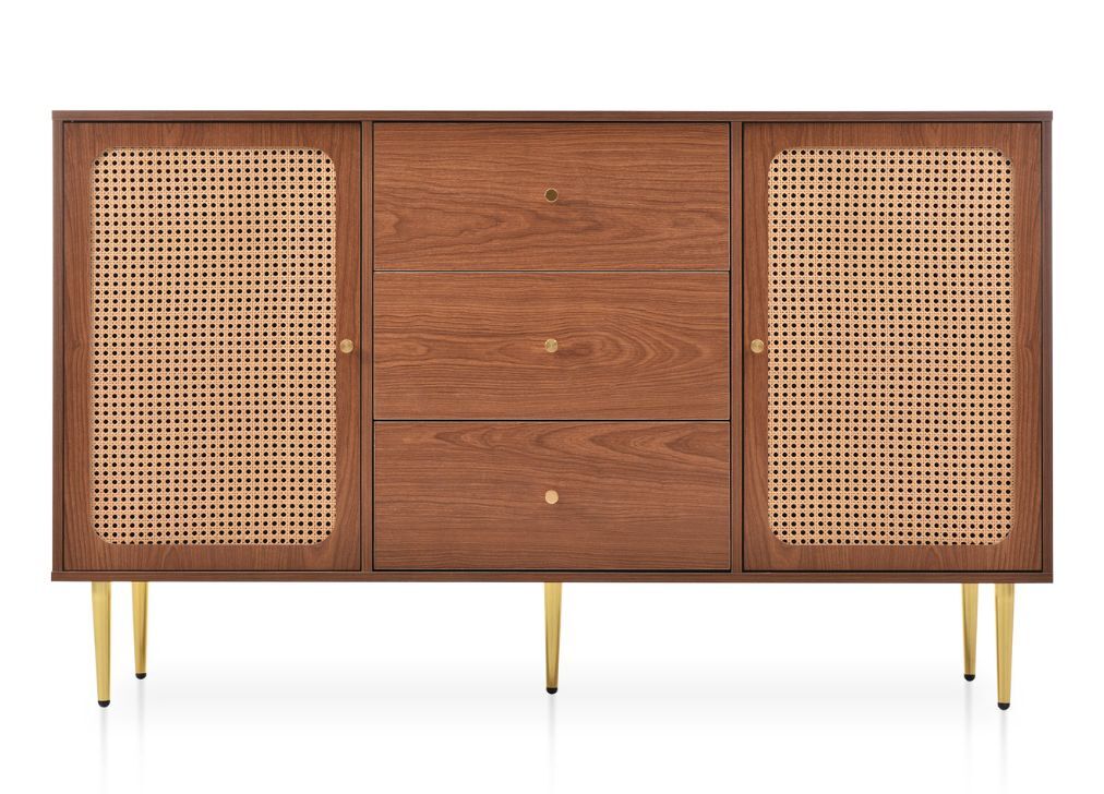 Cómoda efeito madeira nogueira com 2 portas e 3 gavetas em verga, pés e puxadores dourados 150*90*40cm
