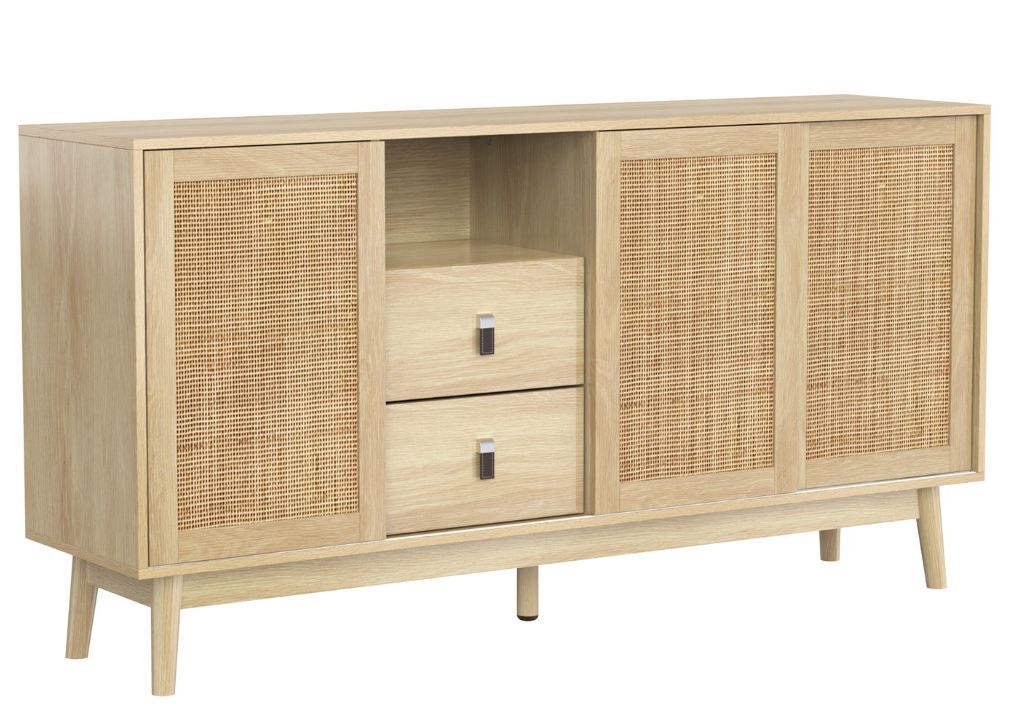 Aparador efeito madeira com 3 portas de correr em rattan e 2 gavetas 155x38x80cm