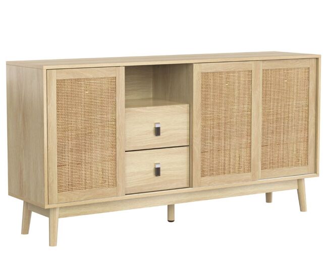 Aparador efeito madeira com 3 portas de correr em rattan e 2 gavetas 155x38x80cm