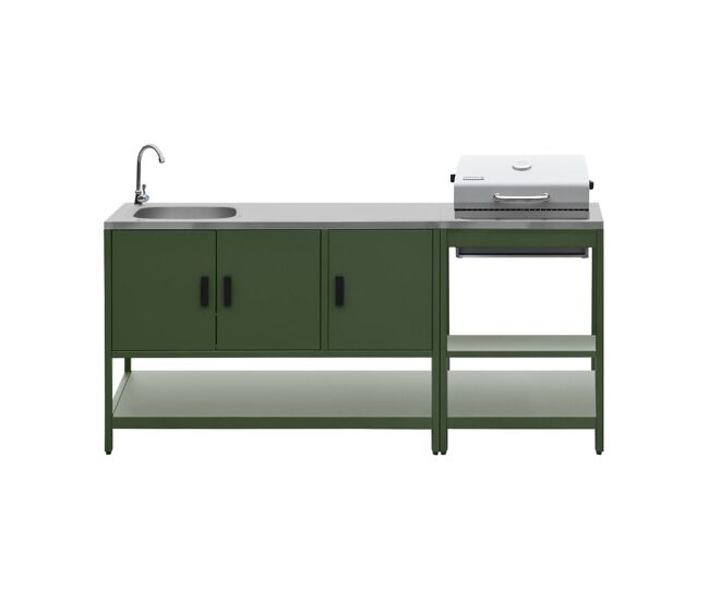 Cozinha exterior aço inoxidável churrasqueira a carvão com pia, 2 módulos, naxos, verde, 60x58.5x138 cm