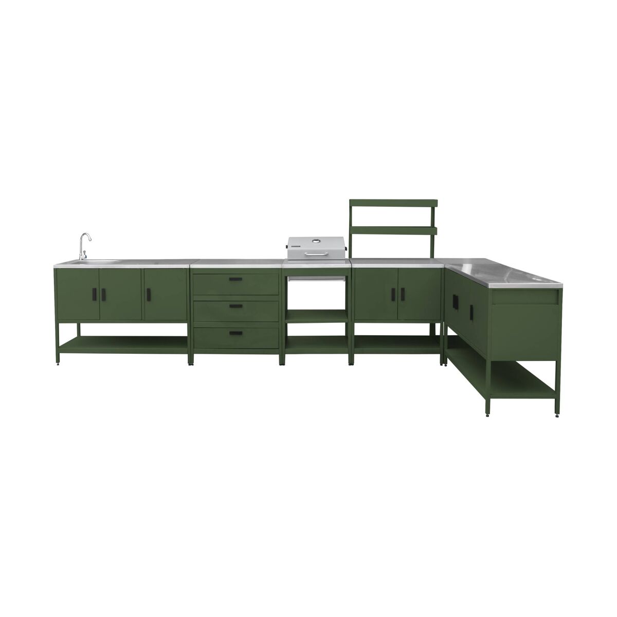 Cozinha externa 6 módulos acier inox com churrasqueira a carvão, naxos churrasco a carvão + 5 módulos, verde, 60x58.5x138 cm