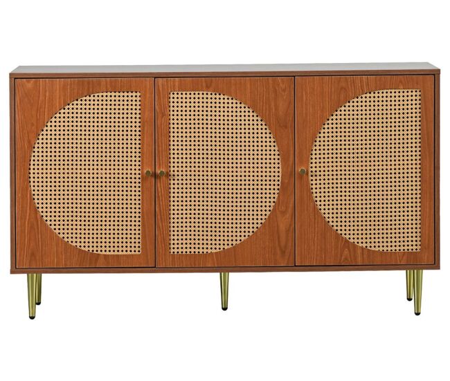 Aparador efeito madeira nogueira com 3 portas em rattan, puxadores, pés dourados 129,8x40x76cm