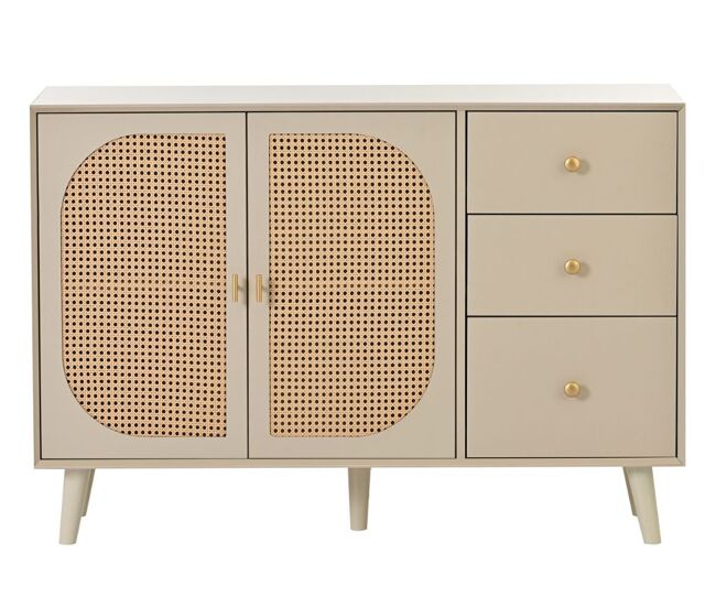 Aparador com efeito madeira clara com portas e gavetas creme off-white com puxadores dourados 120*40*82cm