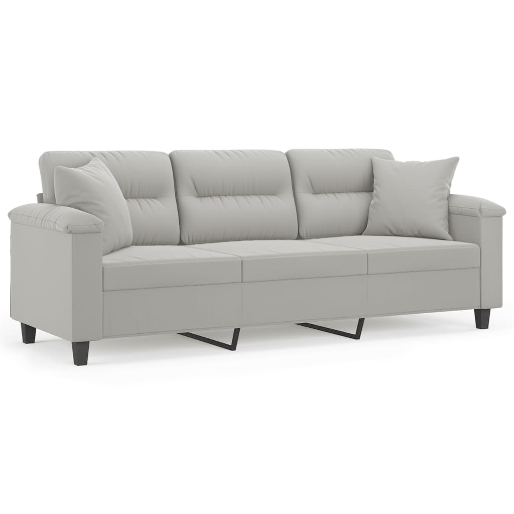 Sofá 3 lugares - sofá fixo c/ almofadas 180 cm microfibra cinzento-claro