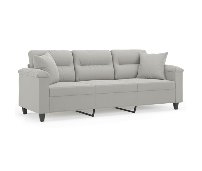 Sofá 3 lugares - sofá fixo c/ almofadas 180 cm microfibra cinzento-claro