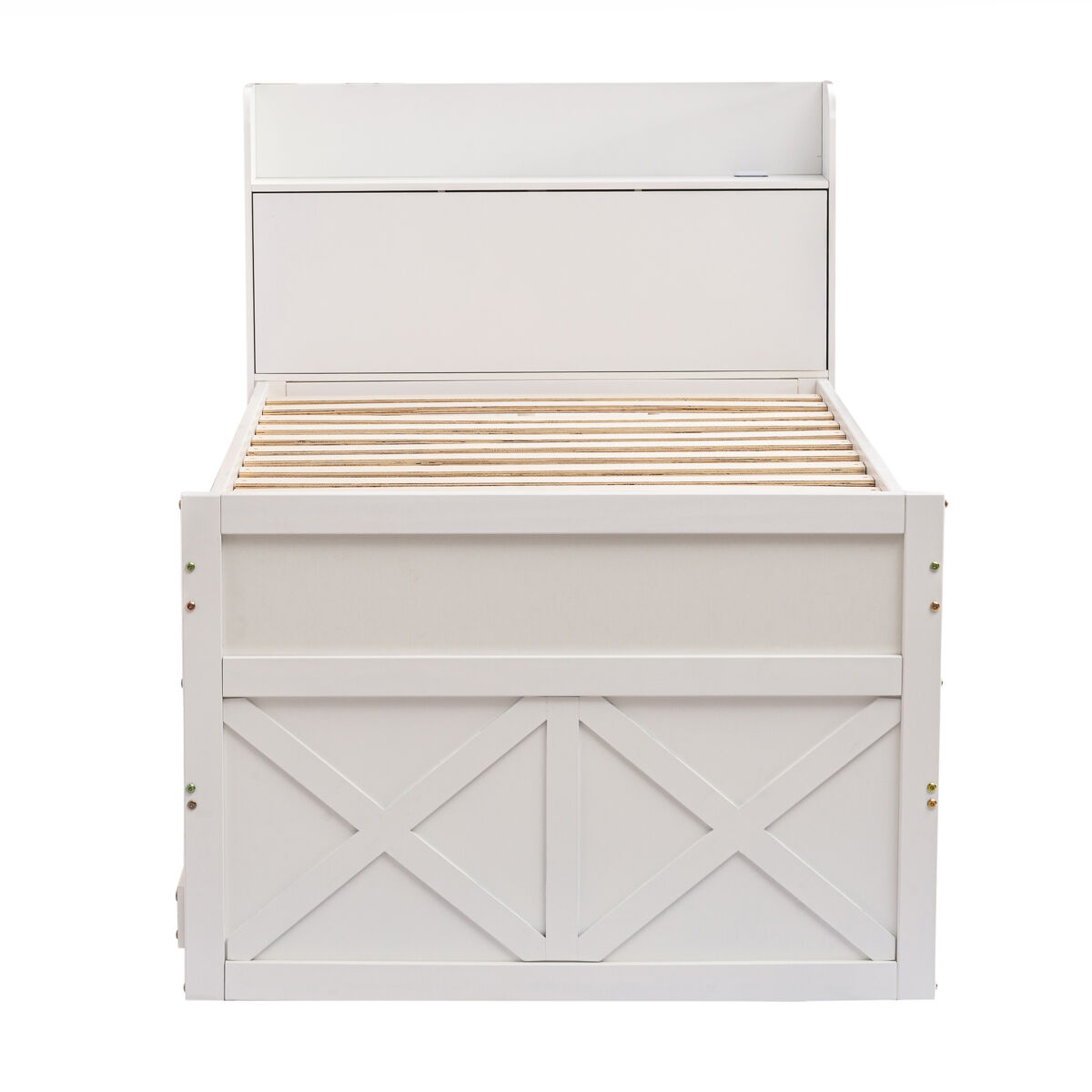 Cama de rodízio em madeira maciça - 90x190cm - com 2 gavetas e porta de carregamento usb na prateleira - branco