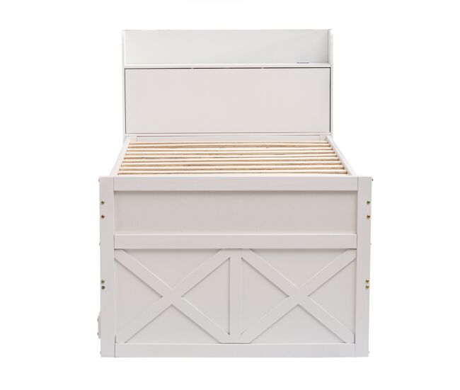Cama de rodízio em madeira maciça - 90x190cm - com 2 gavetas e porta de carregamento usb na prateleira - branco