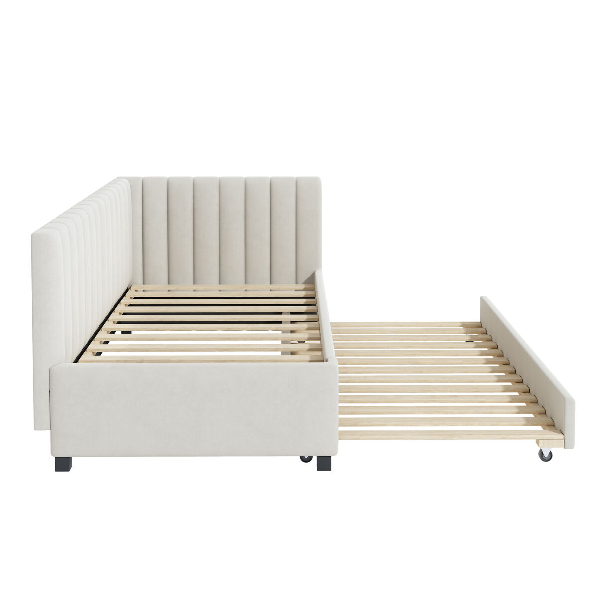 Cama individual 90x200 cm com cama com gavetão - estofada em veludo com estrado de ripas - bege