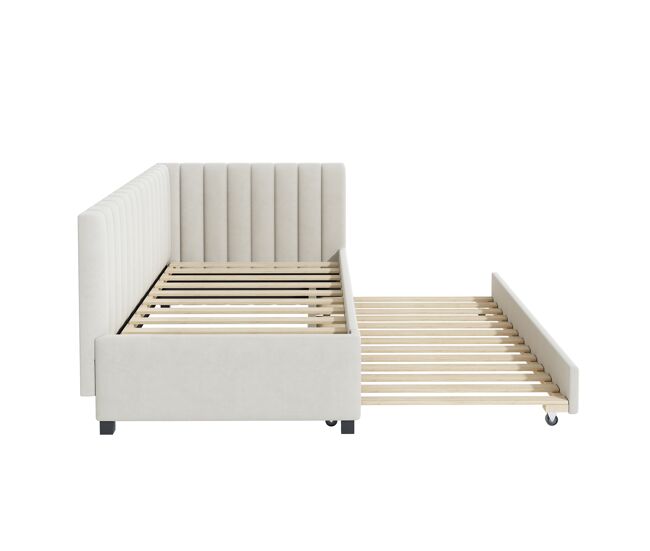 Cama individual 90x200 cm com cama com gavetão - estofada em veludo com estrado de ripas - bege