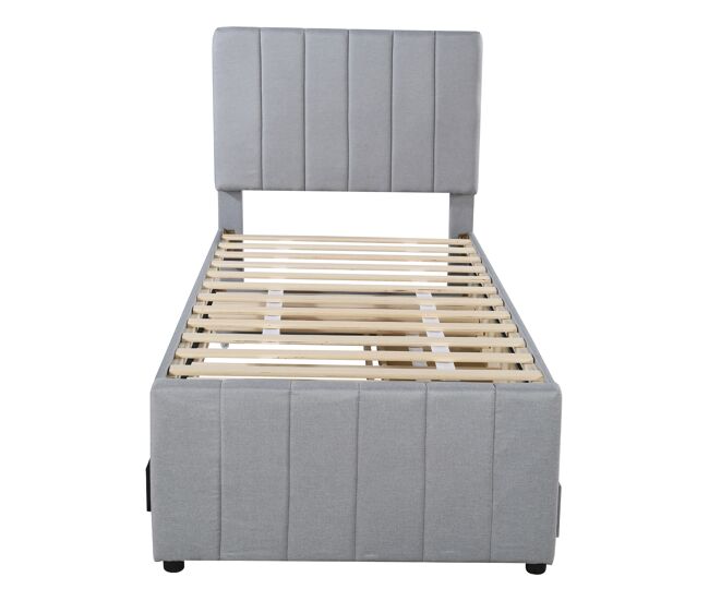 Cama estofada em linho 90x200 cm - com cama com rodízios e 3 gavetas - cinzento