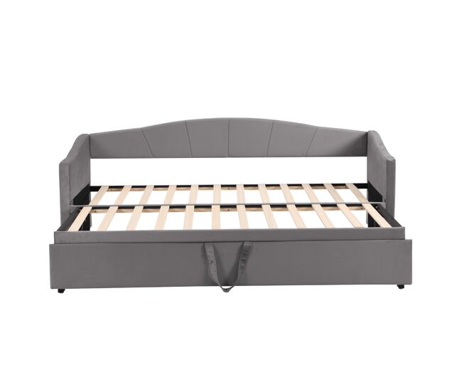Cama com gavetão de veludo 180x200 cm - estrado de ripas - cinzento
