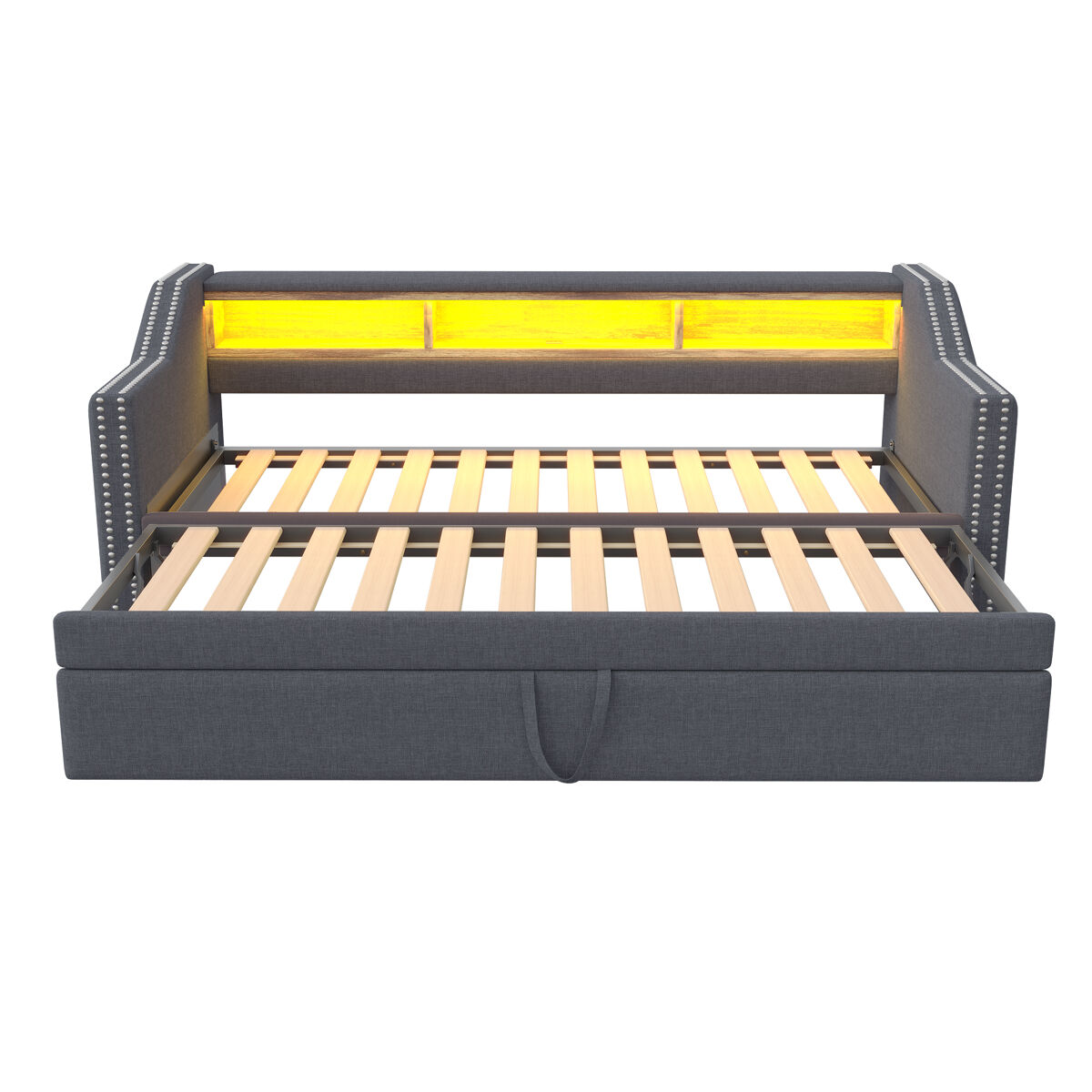 Sofá-cama extraível 90/180x190cm em linho - com led e usb - com base de ripas - cinzento