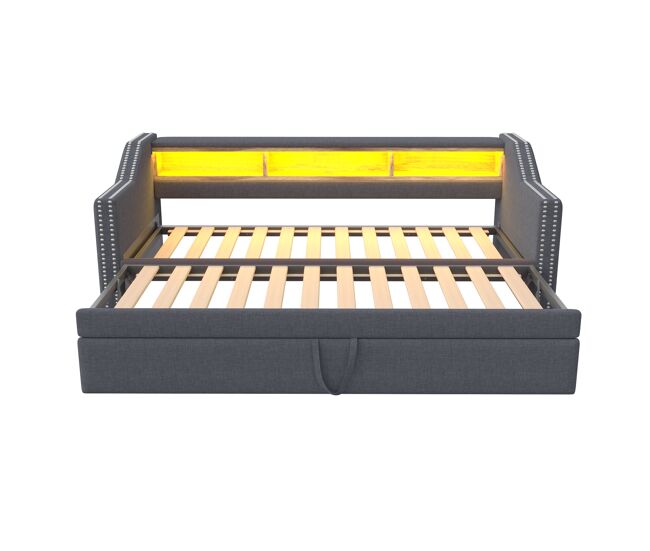 Sofá-cama extraível 90/180x190cm em linho - com led e usb - com base de ripas - cinzento