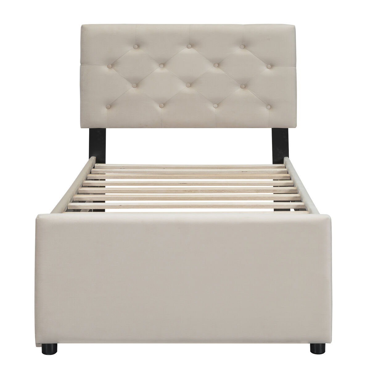 Cama individual 90x200cm em veludo - com cama de rodízio - com estrado de ripas - bege (colchão não incluído)