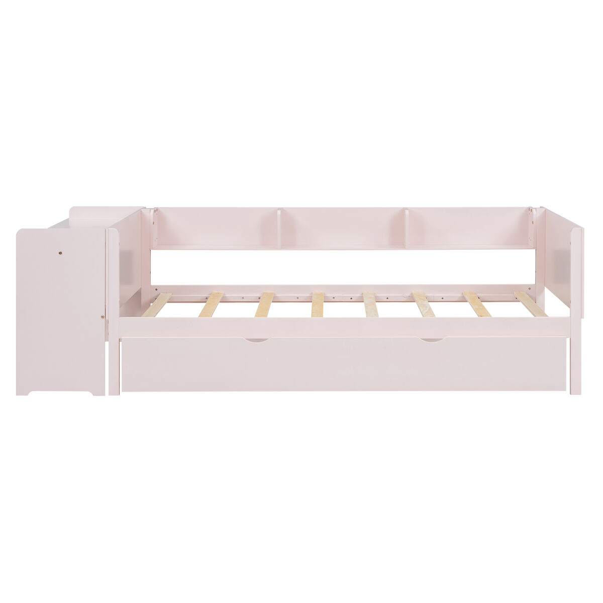 Cama individual 90x200 cm com cama de rodízio - com secretária lateral - rosa