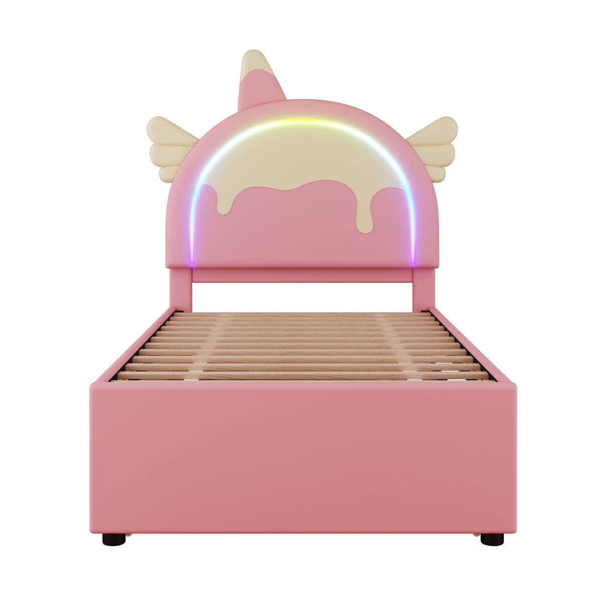 Cama de criança 90x200cm com cama com gavetão 90x190cm - cabeceira em forma de unicórnio com led - em pele sintética - rosa