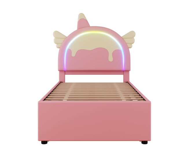 Cama de criança 90x200cm com cama com gavetão 90x190cm - cabeceira em forma de unicórnio com led - em pele sintética - rosa
