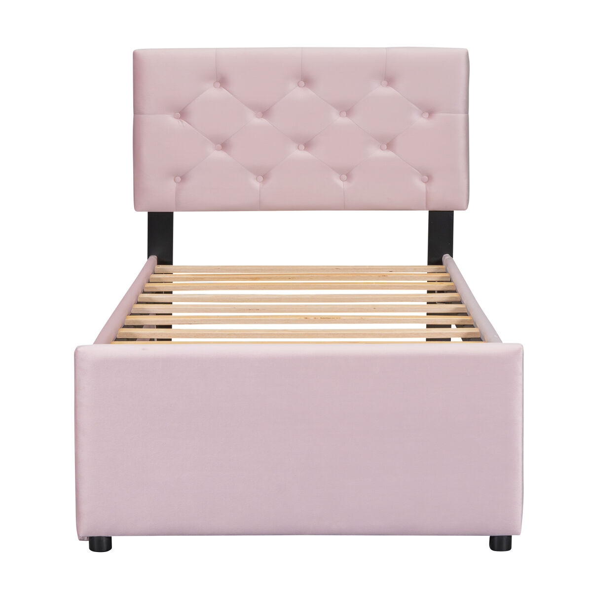 Cama individual 90x200cm em veludo - com cama de rodízio - com estrado de ripas - rosa (colchão não incluído)