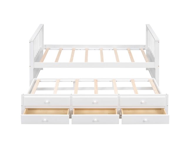 Cama de madeira 90x200 cm com cama de rodízio 90x190 cm - 3 gavetas - branco