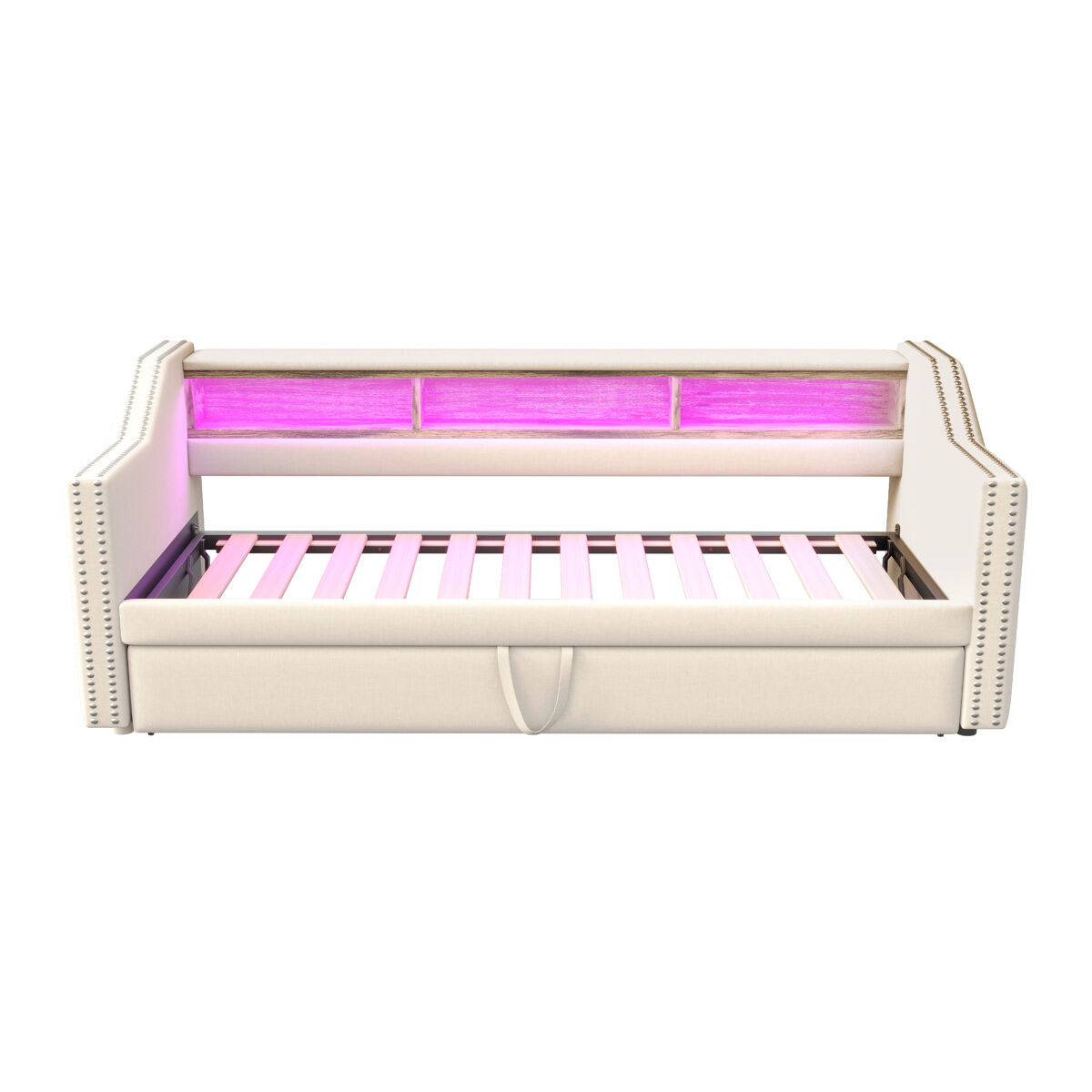 Sofá-cama 90/180x190cm em linho - com led e usb - com base de ripas - bege