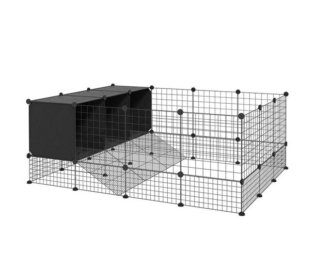 Pawhut recinto para pequenos animais modular parque para coelhos com 39 painéis 3 abrigos para cobaias coelhos-da-índia preto