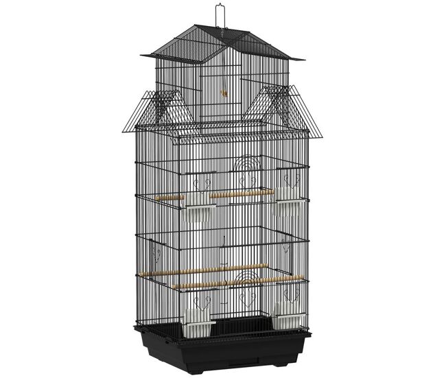Pawhut gaiola de metal para pássaros com bandeja amovível gaiola para canários com 4 comedouros 3 poleiros e 1 baloiço para periquitos 50,5x41x104 cm