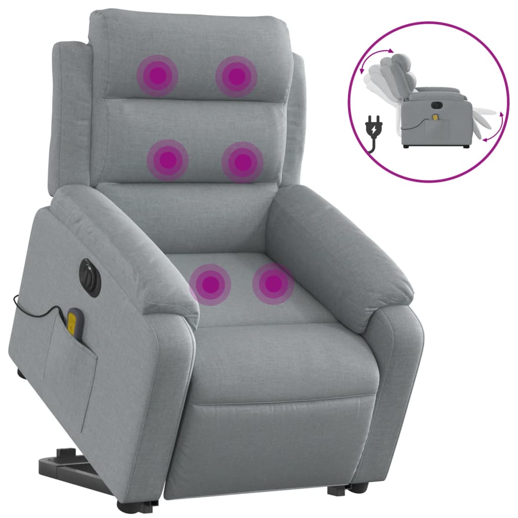 Vidaxl poltrona elétrica reclinável massagens tecido cinzento-claro