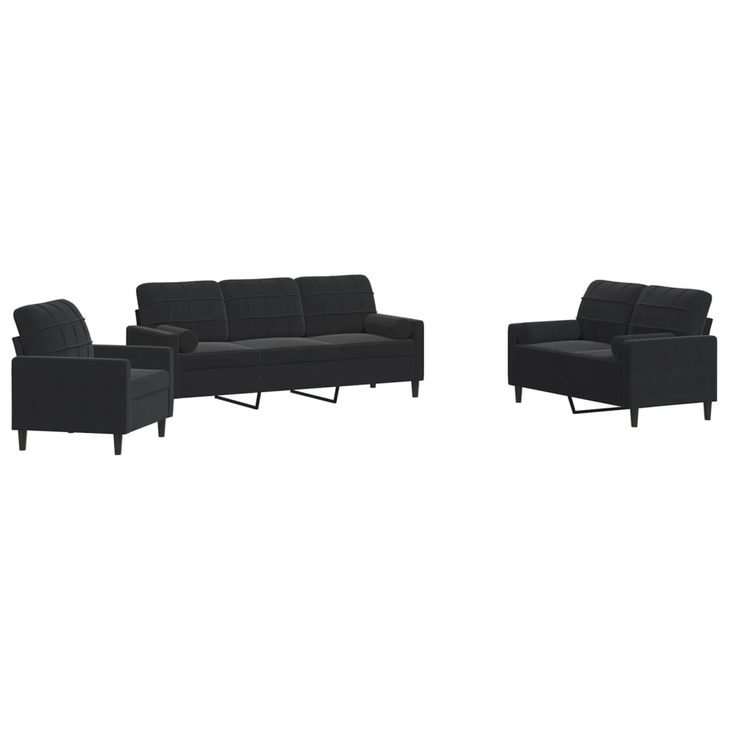 Vidaxl 3 pcs conjunto de sofás com almofadões e rolos veludo preto