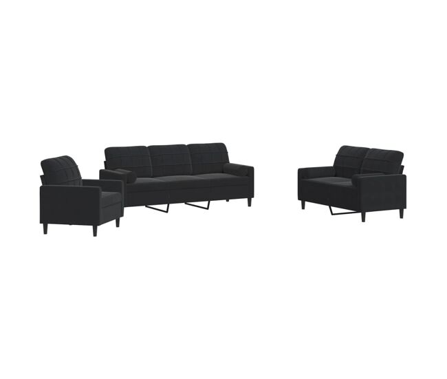 Vidaxl 3 pcs conjunto de sofás com almofadões e rolos veludo preto