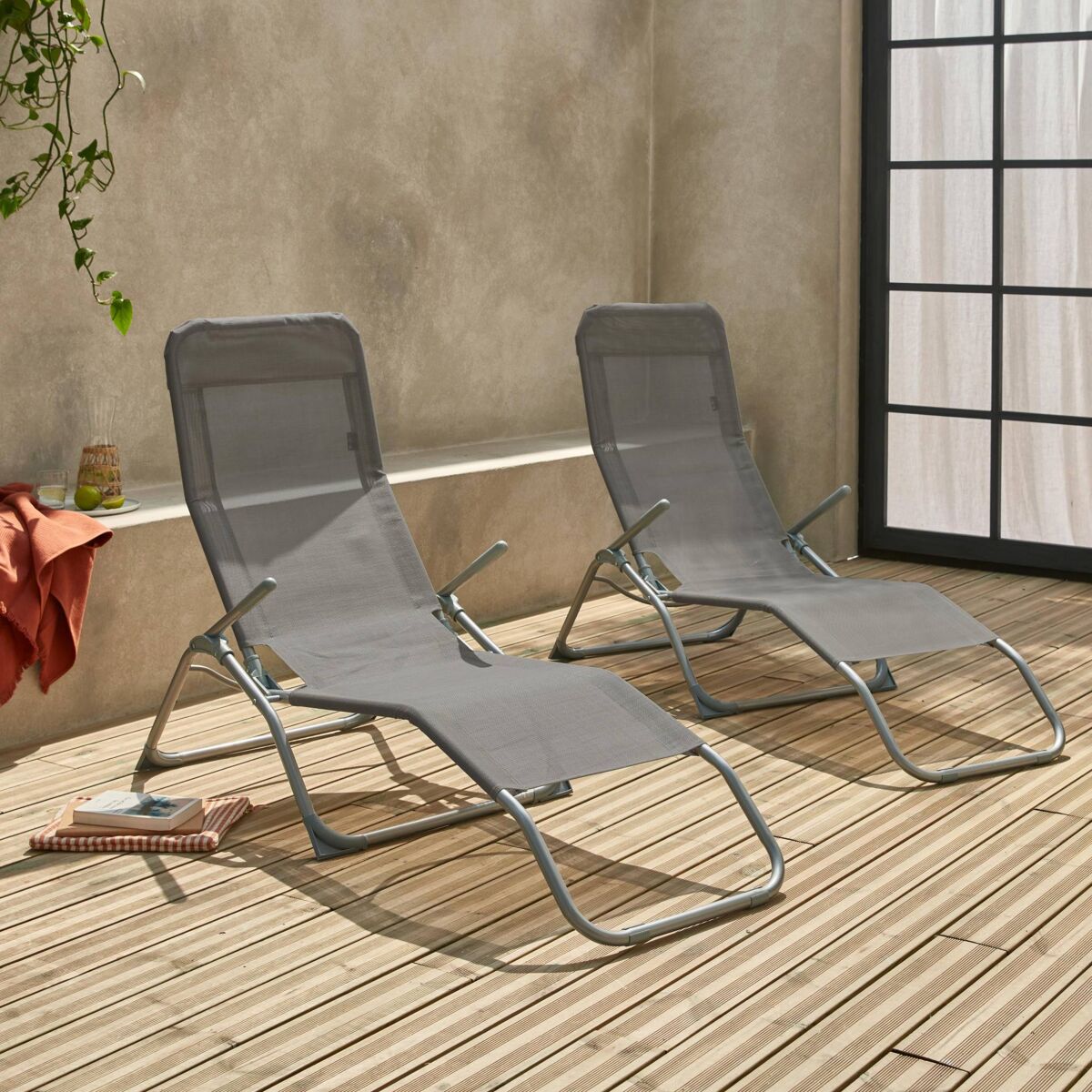 Espreguiçadeira dobrável textilene com 2 posições, set de 2, levito, antracite, 57x168x93 cm